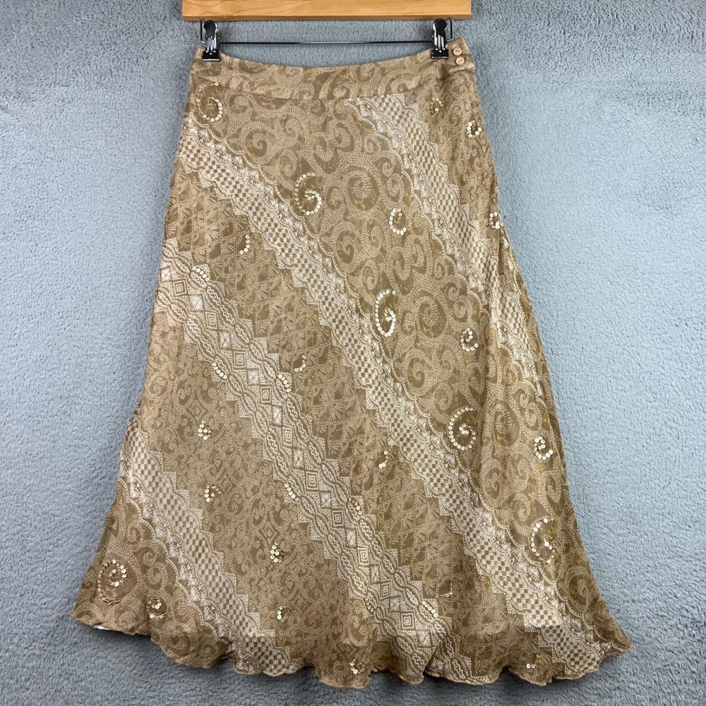 Laura Ashley Silk Paisley Sequin Midi Skirt Tan Cream Size 10 Boho A-Line